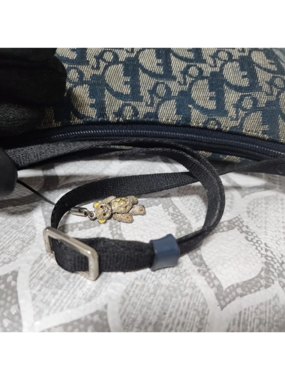 Authentic CHRISTIAN DIOR Denim Logo Pochette Bag Black/Beige